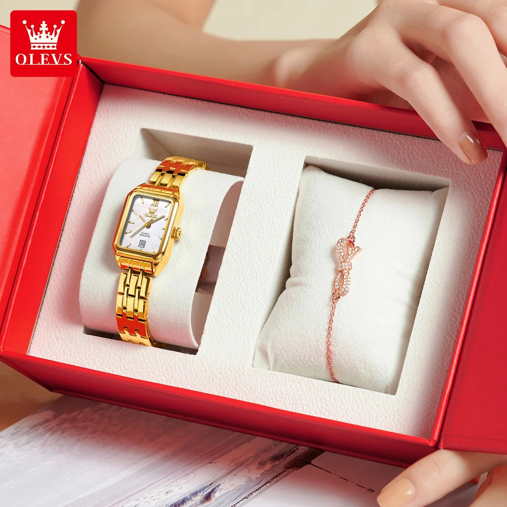 OLEVS Original Women's Wacthes Waterproof Stainless steel Calendar New Ladies Watches High Quality Square Dial Wristwatch Set