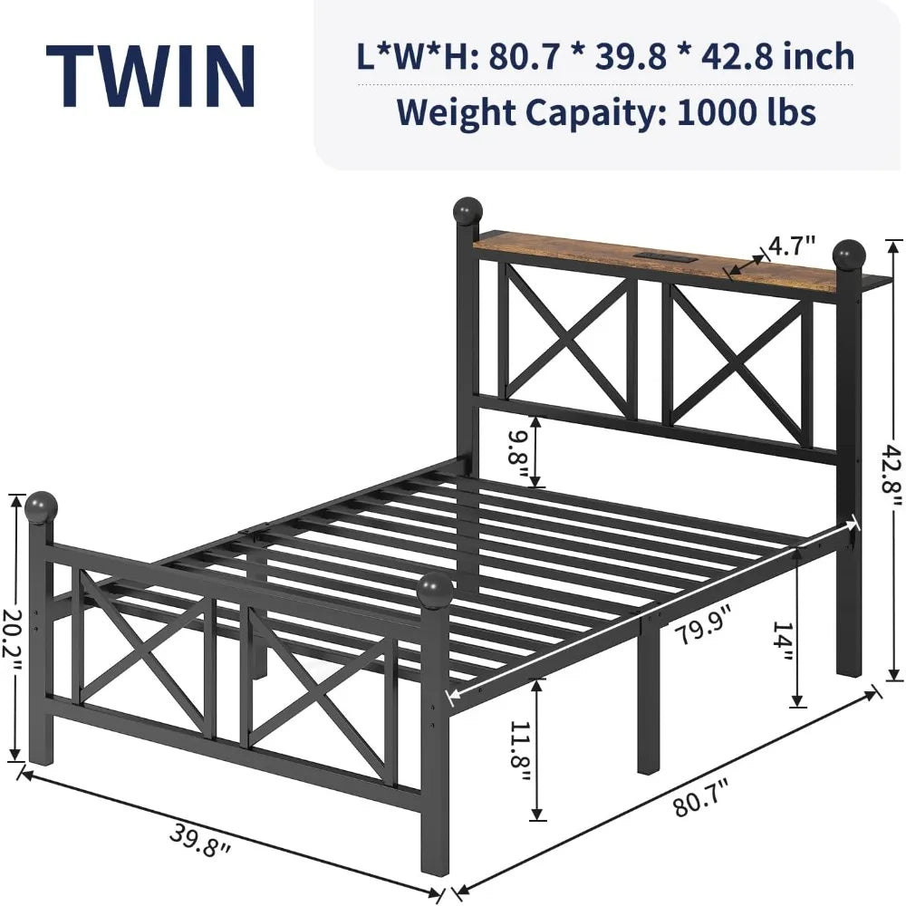 Bed Frame with LED Lights, Heavy Duty Metal Bed with Headboard and Footboard, Storage Shelf with Charging Station