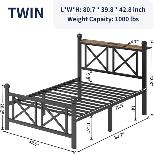 Bed Frame with LED Lights, Heavy Duty Metal Bed with Headboard and Footboard, Storage Shelf with Charging Station