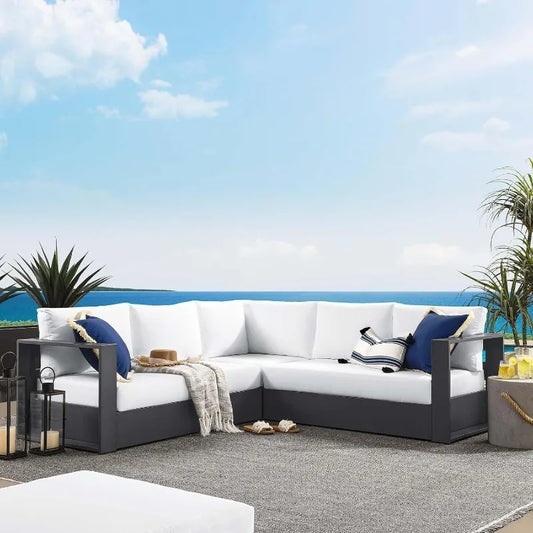 Aluminum 3-Piece Outdoor Patio Furniture Gray White, Modular Sectional Sofa Set with Weather-Resistant Cushions