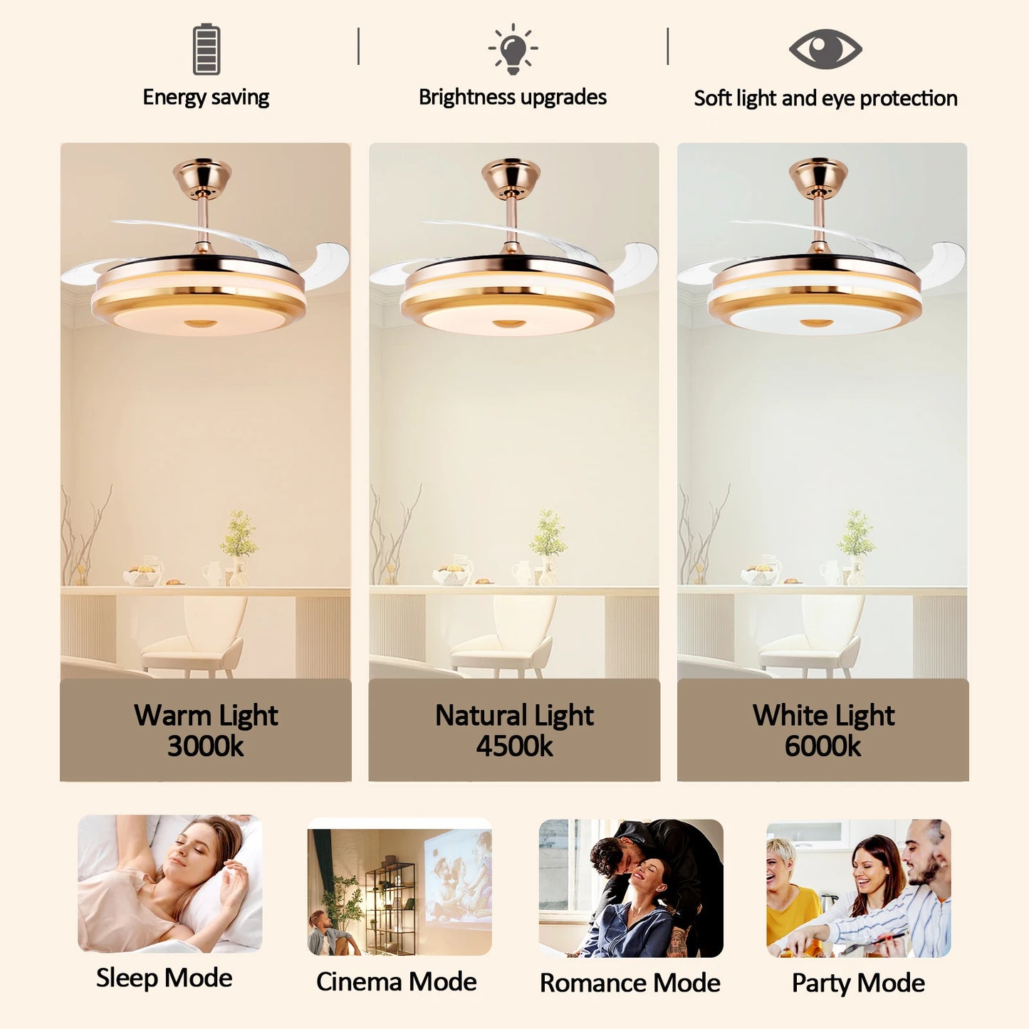 42 Inches Bladeless Ceiling Fans with LED Light, Modern Ceiling Fan, Stepless Color Changing, Dimmable, Timer Setting