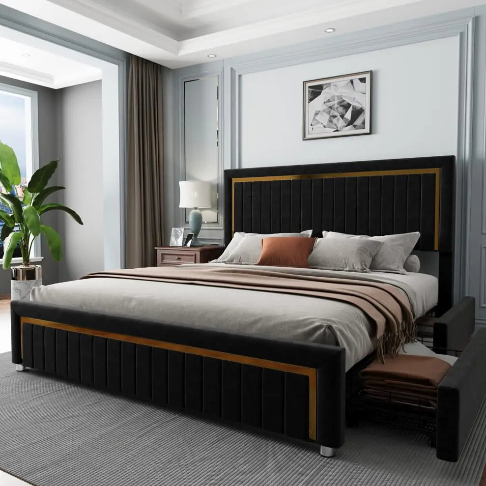 King Upholstered LED Platform Bed Frame with Storage Drawers Adjustable Headboard No Box Spring, Customized