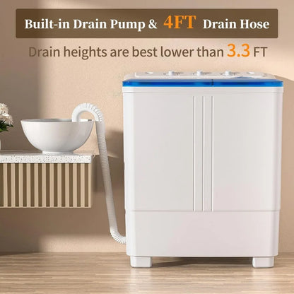 Portable Twin Tub Washing Machine with 20lbs Total Capacity: 12Lbs Washer and 8Lbs Spinner Dryer for Compact Laundry Solutions