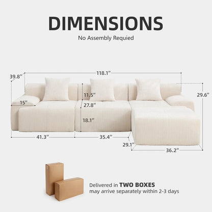 118" Boneless Couches for Living Room, Modular Cloud Sectional Couch with L-Shape Chaise, Modern Upholstered Sofa with Deep Seat