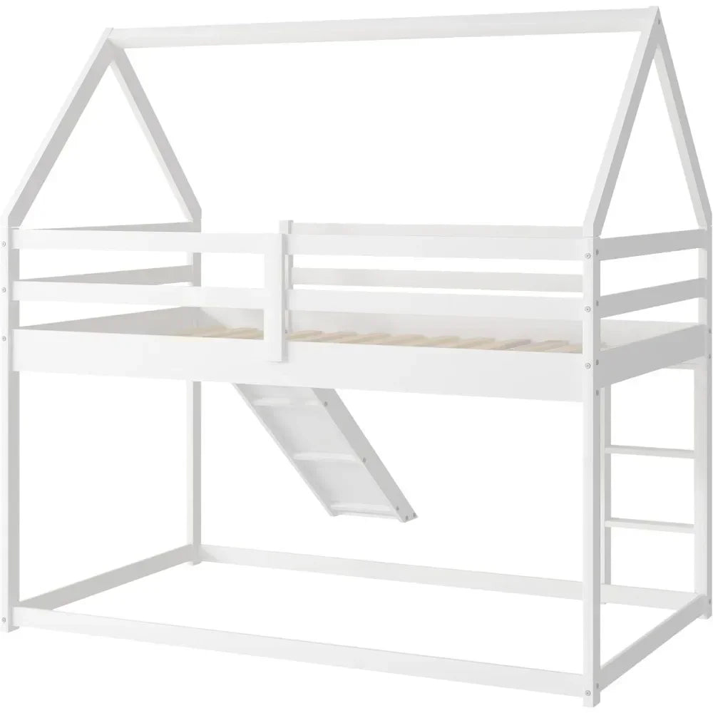 House Bunk Bed with Convertible Slide and Ladder, Floor Bunk Bed Twin Over Twin Bunk Bed with Roof and Security Guardrails