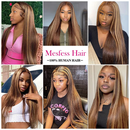 200 Density P4/27 Highlight Full Frontal Lace Preplucked Colored Straight Frontal Wig 36Inch HD Transparent Lace Human Hair Wigs