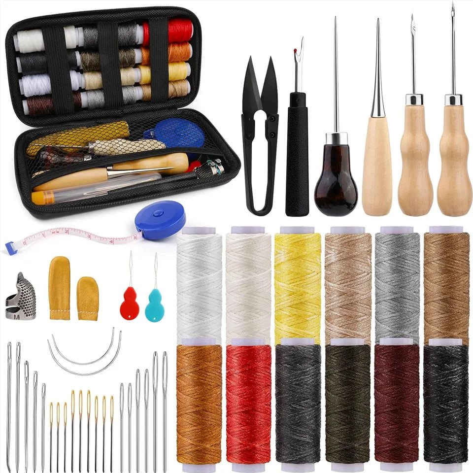 Leather Upholstery Repair Sewing Kit with 12 Colors Waxed Thread Heavy Duty Sewing Needles Awls for Shoes Sofa Carpet Repair