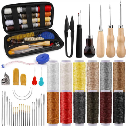 Leather Upholstery Repair Sewing Kit with 12 Colors Waxed Thread Heavy Duty Sewing Needles Awls for Shoes Sofa Carpet Repair