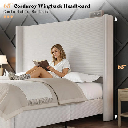 King Size Bed Frame With 65" Tall Headboard, Upholstered Corduroy Bed Frame With Wingback, Platform Bed With Solid, Customized