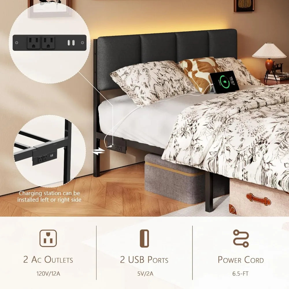 LED Full/Queen Size Bed Frame with Charging Station Upholstered Headboard & 2 Underbed Storage Drawers, No Spring Box Needed