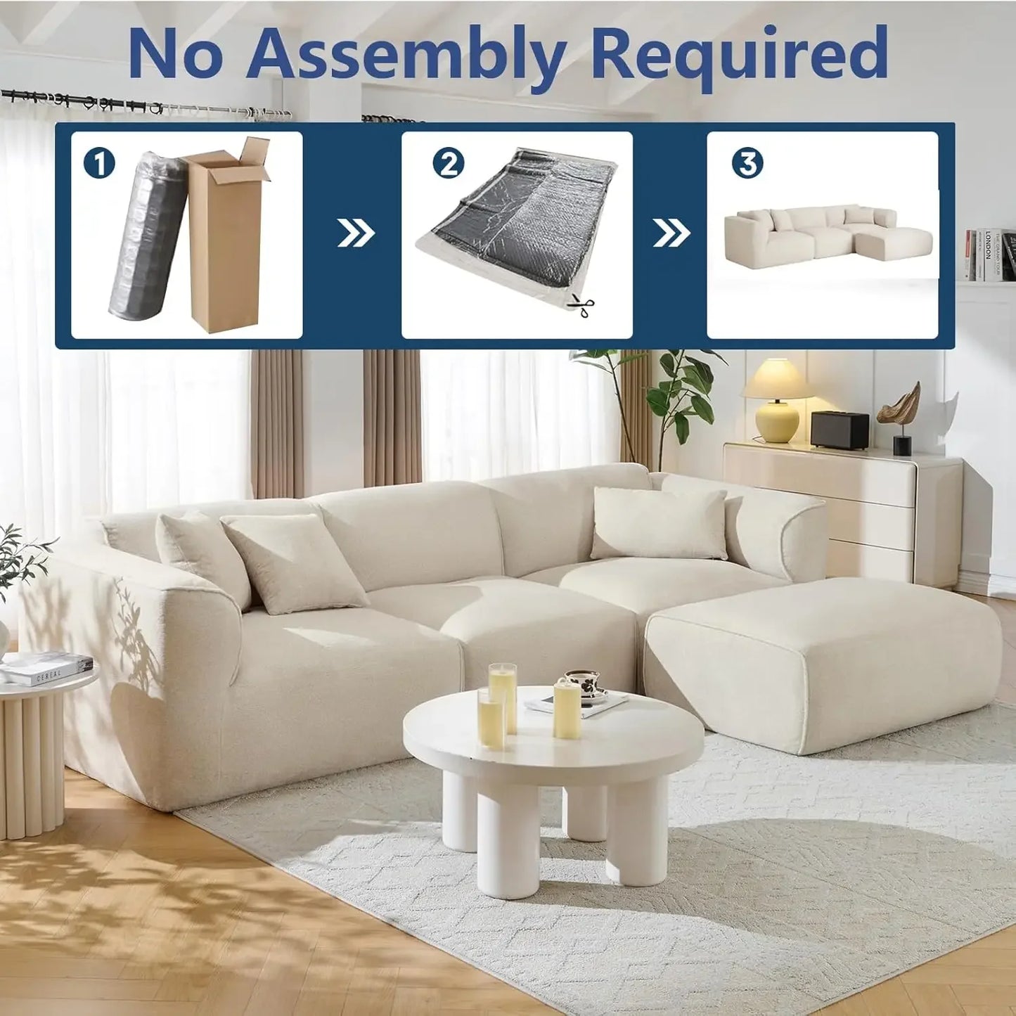 122” Modular Sectional Sofa, Cloud Sectional Boneless Couch with Deep Seat and Movable Ottoman, Modern Oversized, Customized