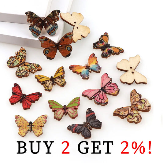 50PC 2 Holes 3 Size Colorful Butterfly Wooden Buttons Fit Sewing And Scrapbooking Sewing Buttons For Craft DIY Mixed
