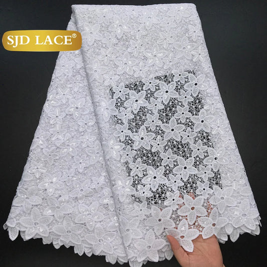 SJD LACE African Sequins Guipure Cord Lace Fabrics 5 Yards White 2025 New Nigerian Water Soluble Lace For Women Dresses Sew 4197