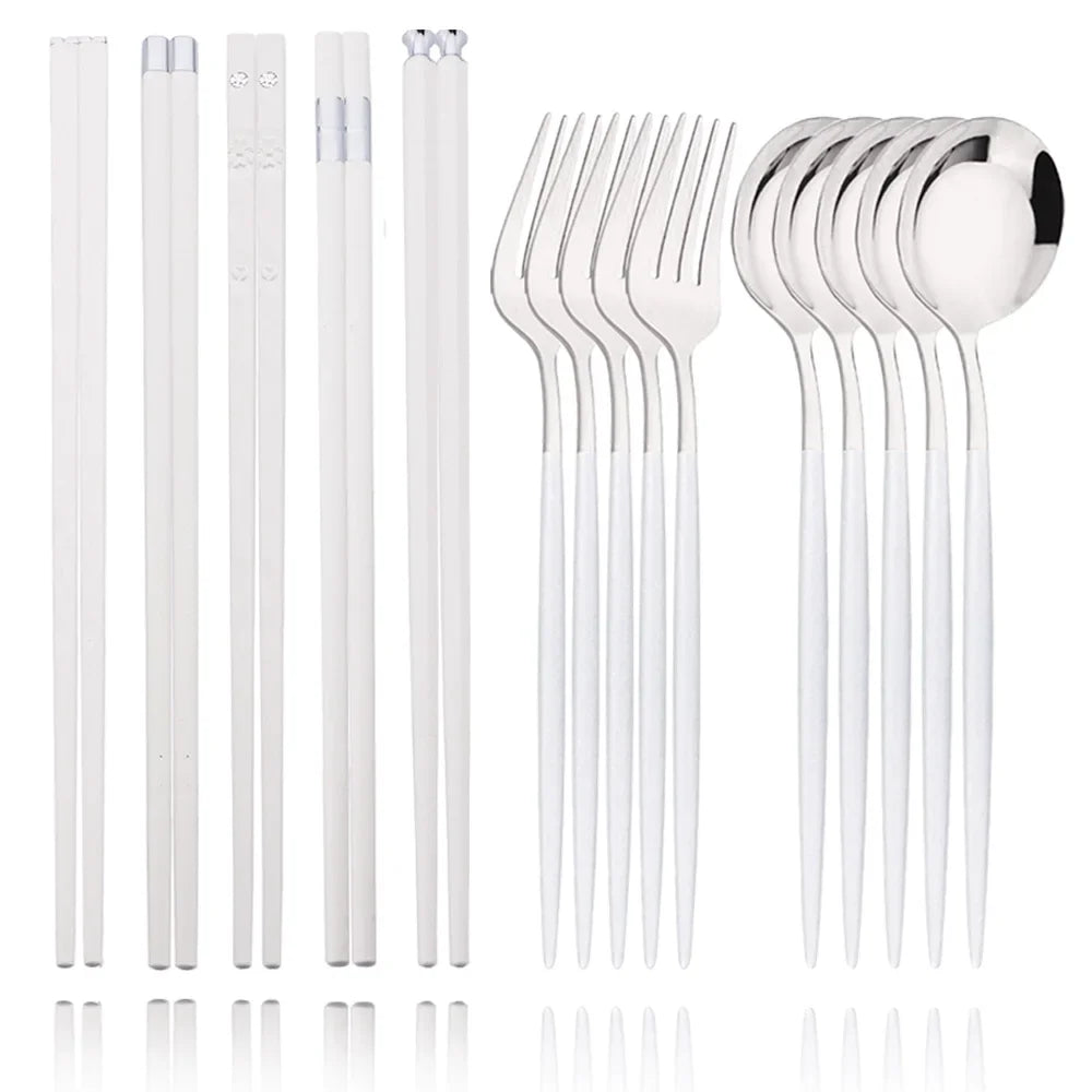 15-20Pcs Korean Dinnerware Set Black Silver Cutlery Set Chopsticks Knife Fork Spoon Stainless Steel Luxury Tableware Set