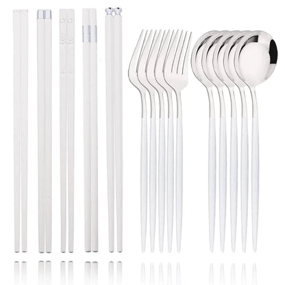 15-20Pcs Korean Dinnerware Set Black Silver Cutlery Set Chopsticks Knife Fork Spoon Stainless Steel Luxury Tableware Set