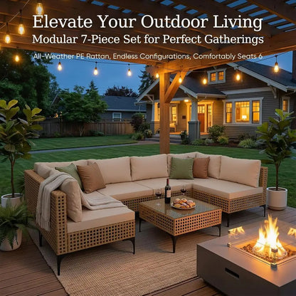 7-Piece Outdoor Sectional Sofa Set with Rattan Seating, Coffee Table, and Ottoman for Patio, Deck, or Poolside