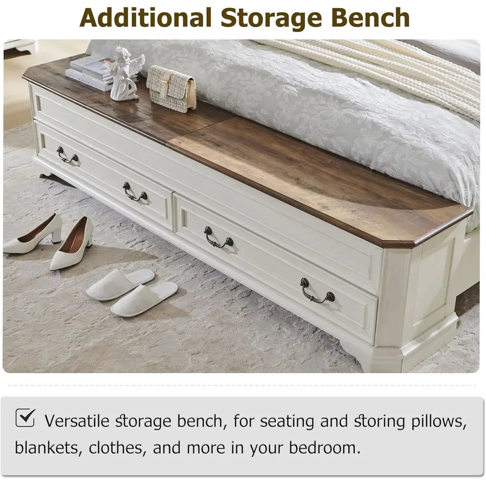 Farmhouse Queen Bed with Headboard and Storage Bench, Rustic Wood Platform Bed with 64" Storage Chest w/ 4 Large,Customized