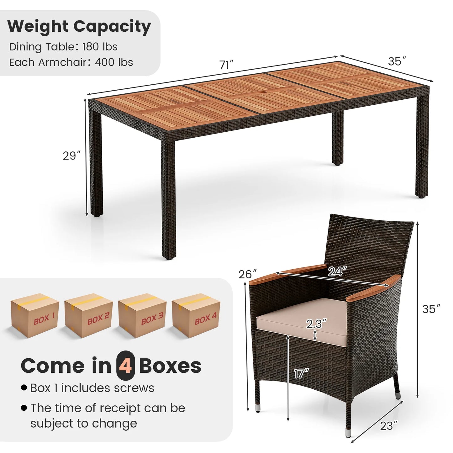 9PCS Patio Wicker Dining Set Acacia Wood Table Top Umbrella Hole Cushions Chairs