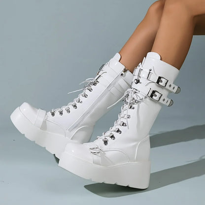 Women's Gothic Punk Combat Boots Wedge Heel Round Toe Mid-Calf Booties with Side Zipper Y2K Gothic Fashion LadiesDress Footwear,