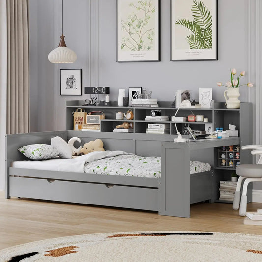 Twin Size Daybed with Trundle, Side Bookcase and Desk, Pine Wood Captains Bed with Storage Shelves Headboard , Customized