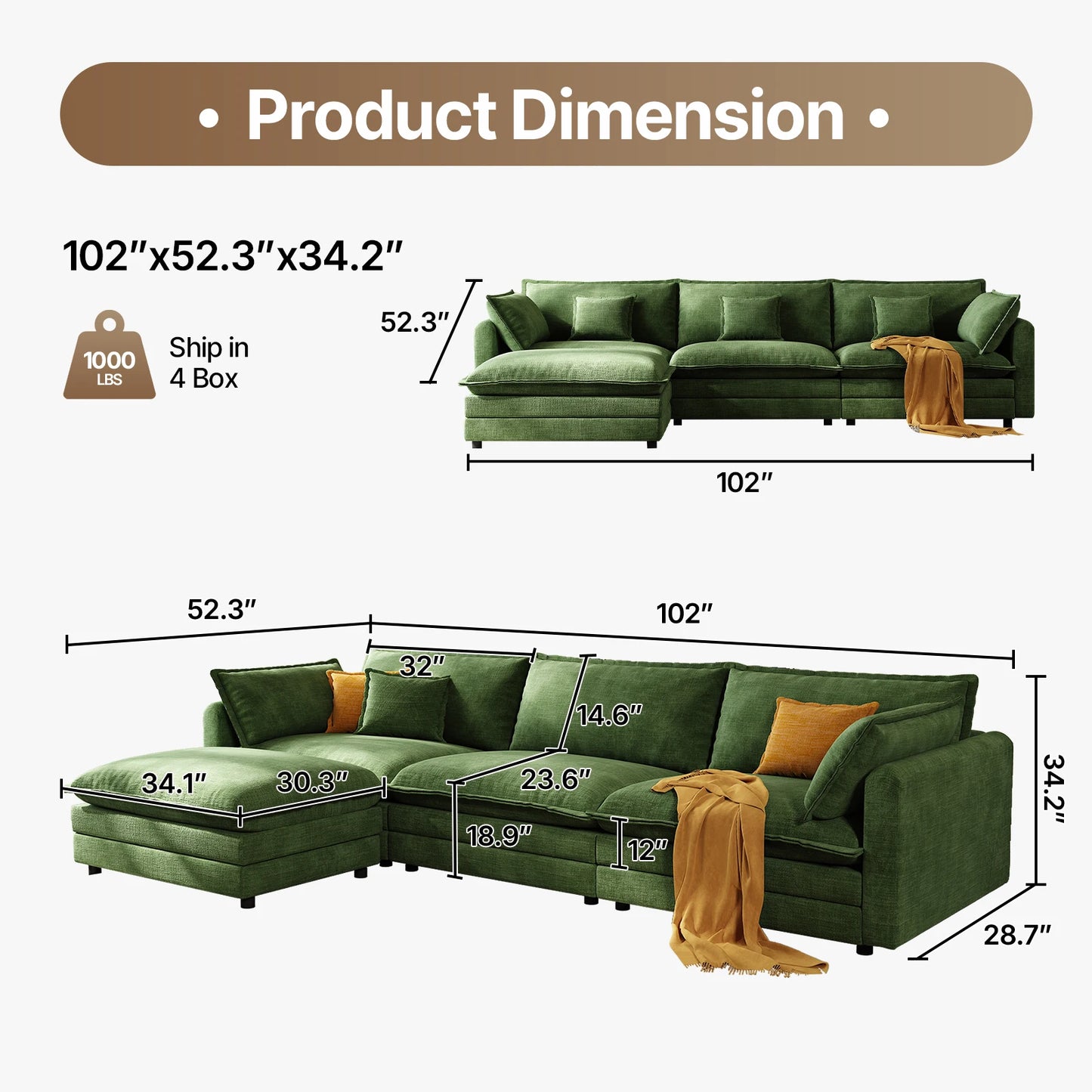 102'' Modular Sectional Sofa Beige Couch Cloud Couches for Living Room, L Shaped Couch with Movable Ottoman, Modern Cloud Sectio