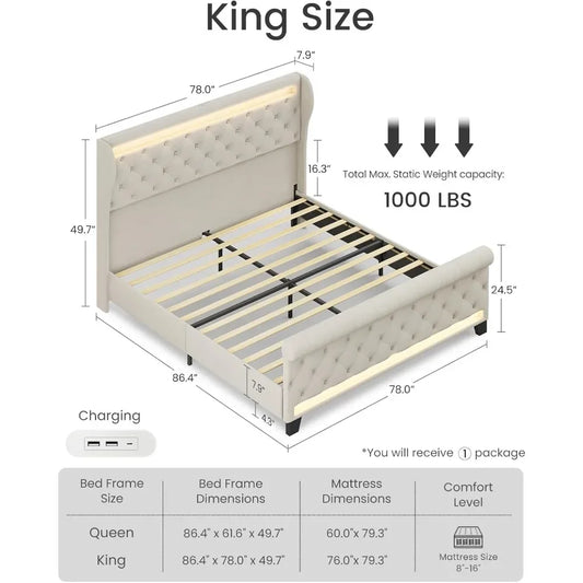 Bed Frame with Headboard,50" Tall Headboard Upholstered Velvet Platform Bed with LED Lights & 2 USB Port/1 Type C Port