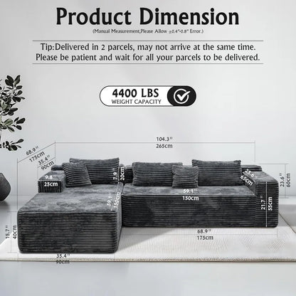 Grey sectional couches for Living Room-Corduroy Couch，104 Cloud Sectional Couch with L-Shape Chaise， Modern Modular Sofa, Deep S