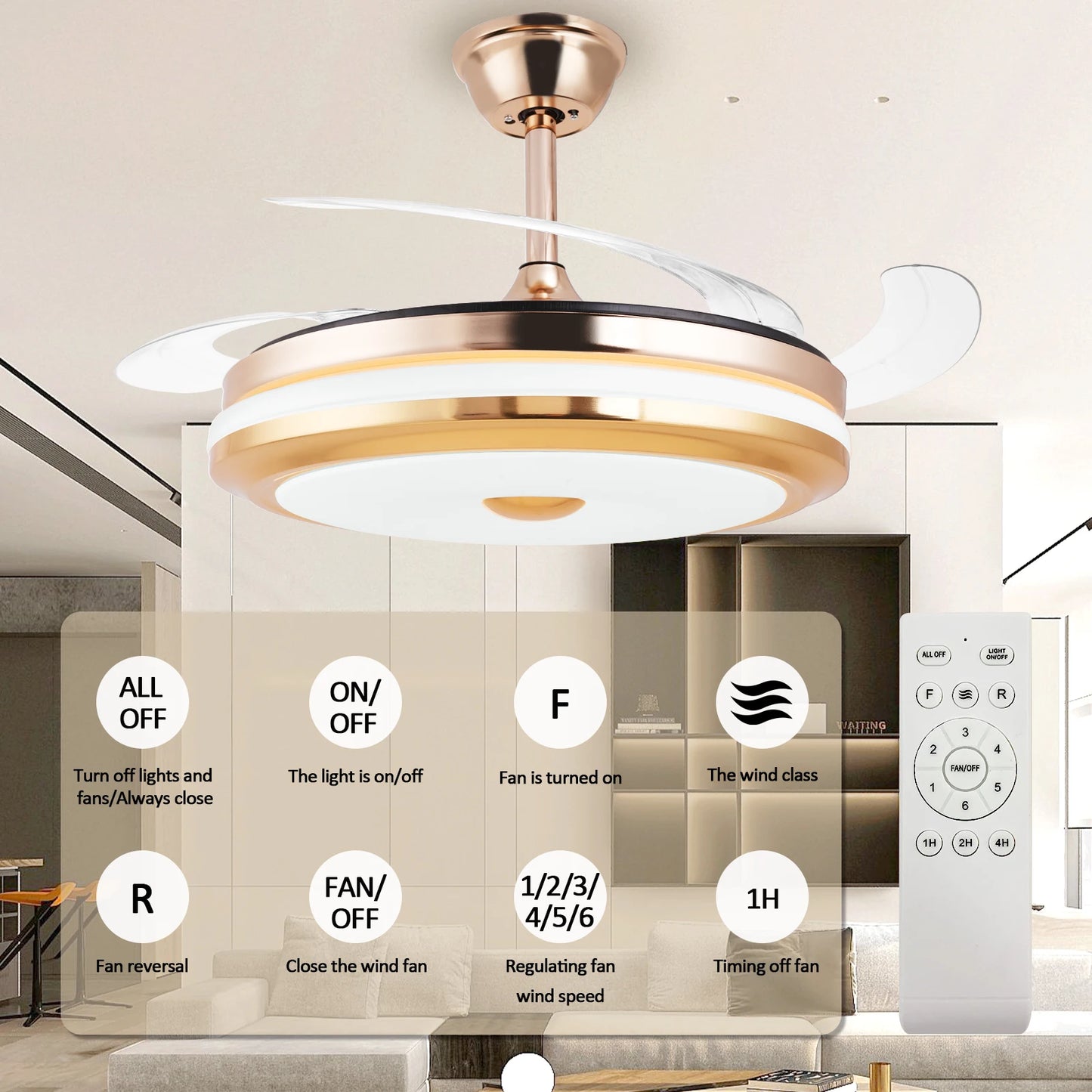 42 Inches Bladeless Ceiling Fans with LED Light, Modern Ceiling Fan, Stepless Color Changing, Dimmable, Timer Setting