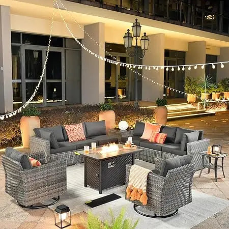 11 Piece Outdoor Patio Furniture Set with Fire Pit Table,Conversation Sectional Wicker Couch with Swivel Chairs,Modern Outside