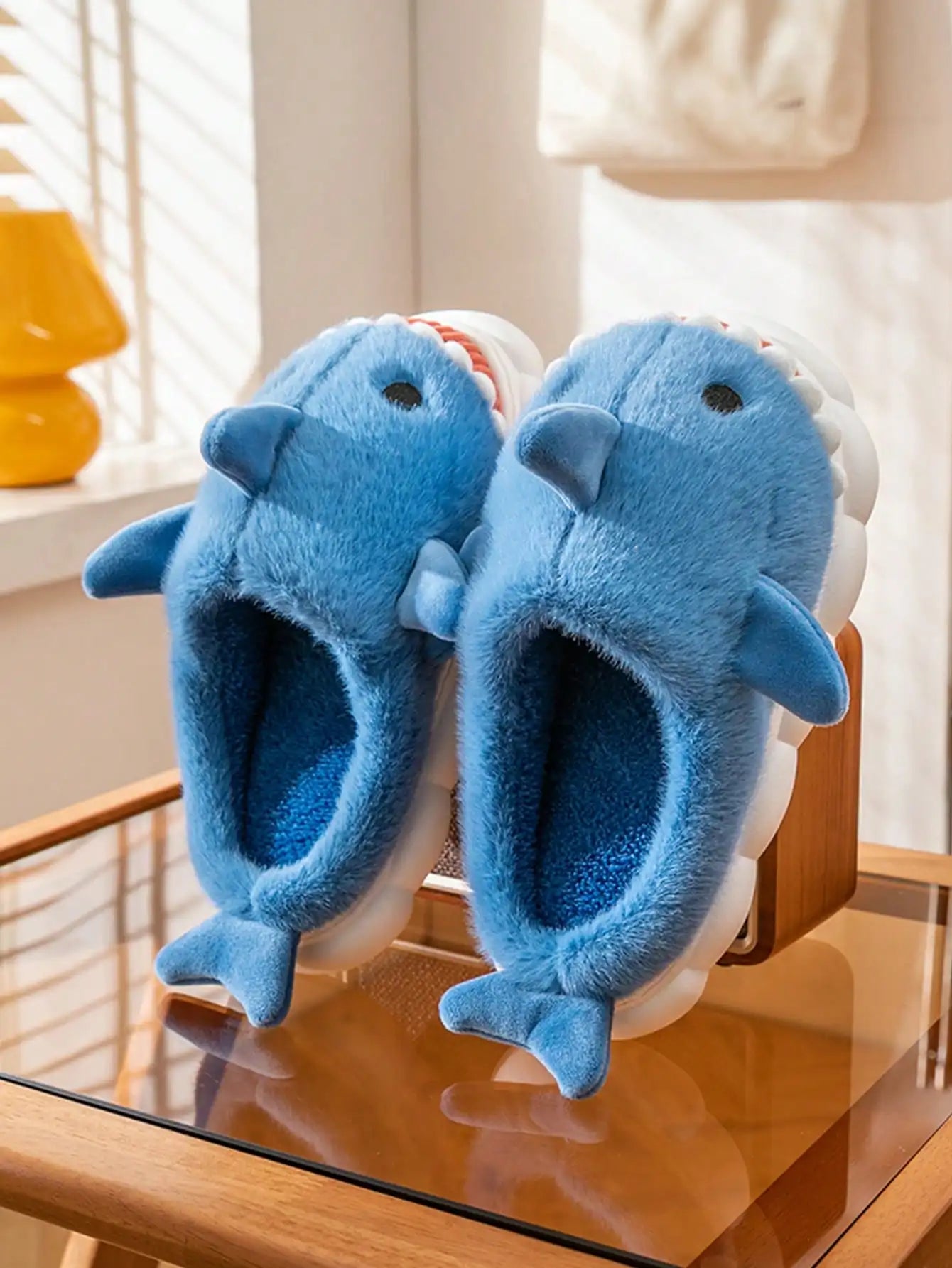 Men's Home Slippers Autumn and Winter New Interesting Cartoon Shark Plaid Cotton Slippers