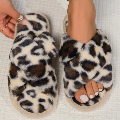 Women’s Cross Band Fur Slippers Indoor Furry Fuzzy Open Toe Shoes Home Cozy Warm Slides Double Straps Slipper Soft Sole Non Slip