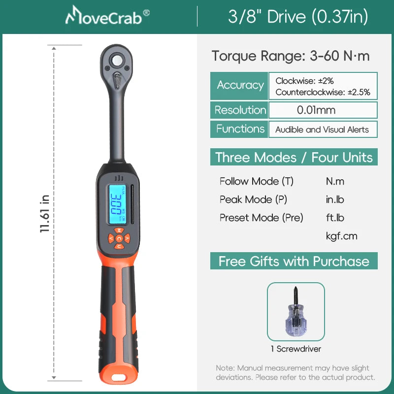 MOVECRAB Digital Torque Wrench 1-340N.m 2% Accuracy Preset & LED/Buzzer Alerts for Bike Motorcycles Automotive Mechanical Tool
