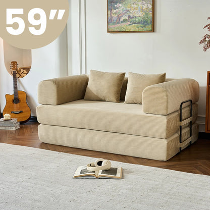 59’’ Convertible Sofa Bed Corduroy Upholstered Boneless Couch, Loveseat Fold Out Small Floor Sleeper for Living Room