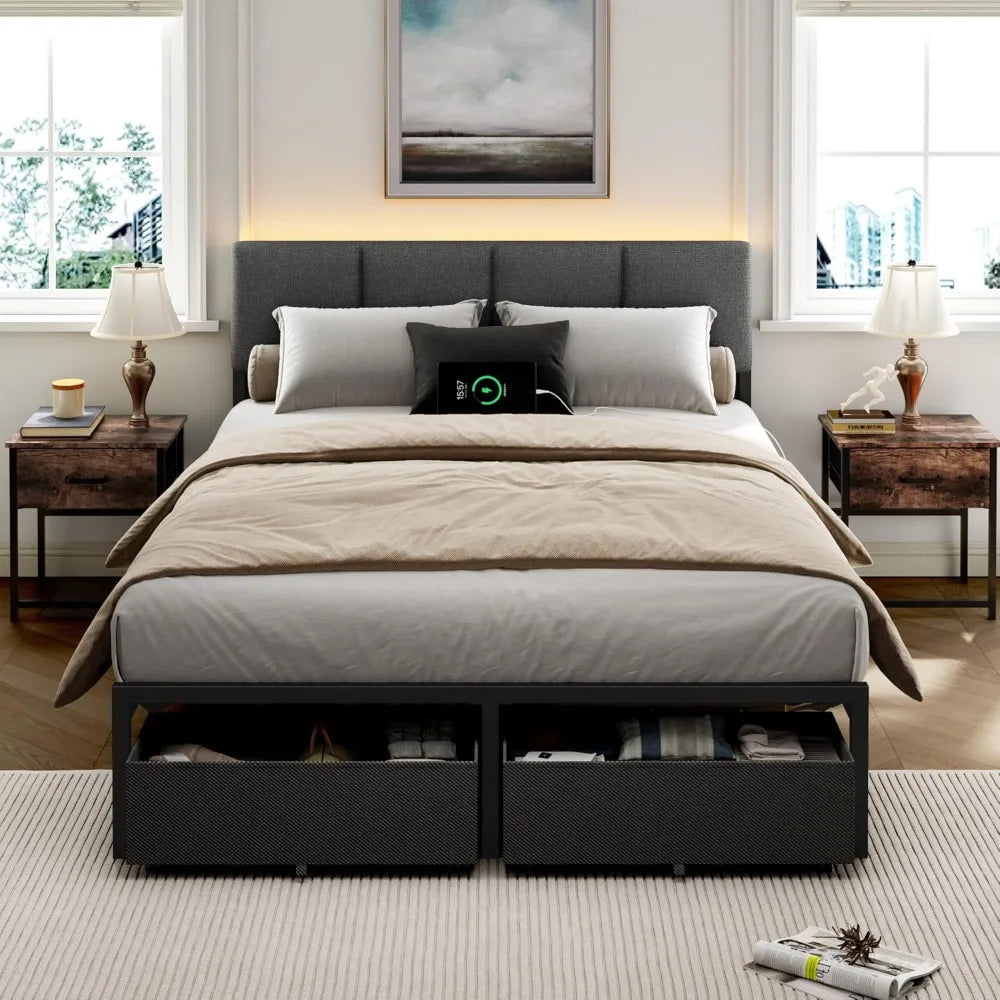 LED Full/Queen Size Bed Frame with Charging Station Upholstered Headboard & 2 Underbed Storage Drawers, No Spring Box Needed