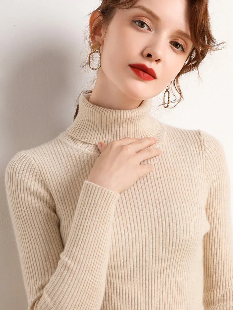 Women Solid Color Long Sleeves Turtleneck Knitted  Sweater Basic Soft Pullovers Simple Elegant Fashion New