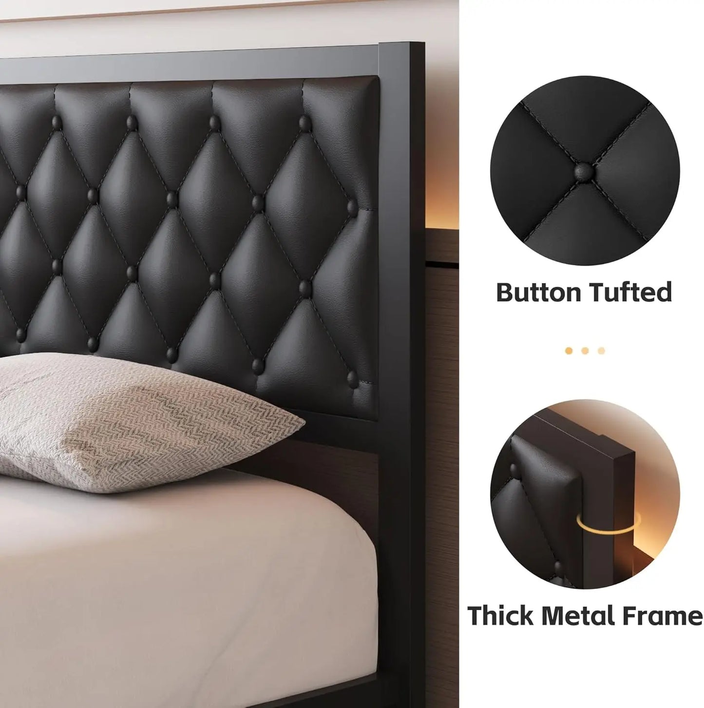 Queen Bed Frame with Headboard PU Leather Upholstered Bed Frame Platform,All Metal Slats Support Platform Bed Frame