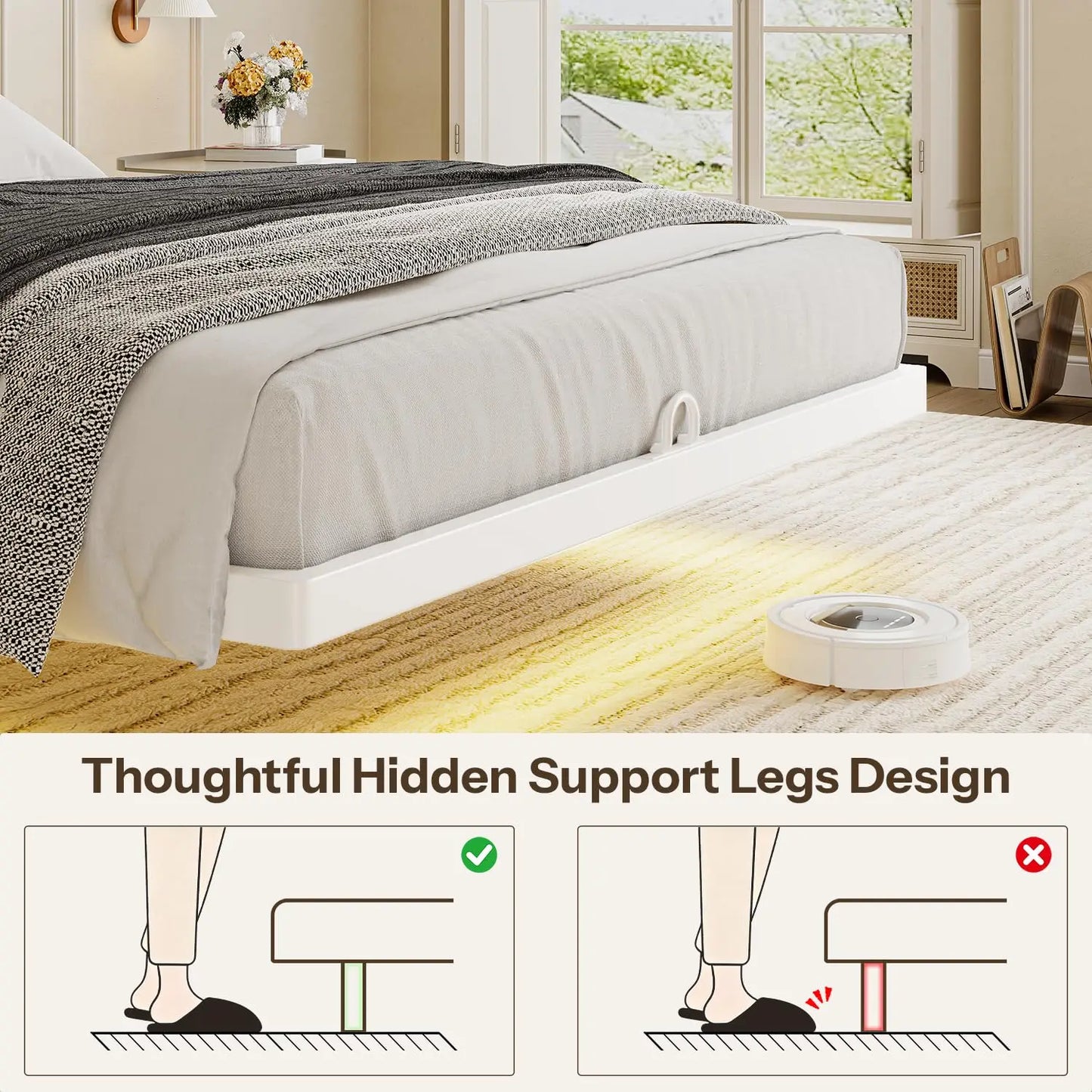 Floating Bed Frame Queen Size with Storage Headboard,Modern Metal Platform with Smart LED Lights and Charging, Customized