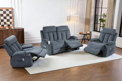 3 Piece Manual Recliner Sofa Set with Cup Holders Home Theater Office Grey Fabric Loveseat+Chair+Chair, Customized