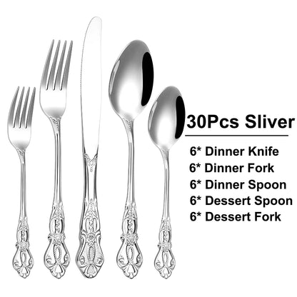 6/24/30 Pieces Sliver Cutlery Set Stainless Steel Tableware Western Luxury Dinner Set Mirror Elegant Knife Fork Spoon Flatware