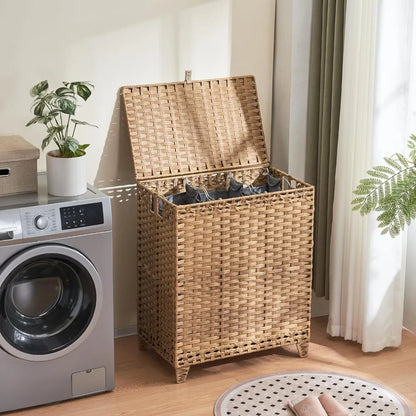 Large 190L 3-Section Laundry Hamper with 6 Detachable Liner Bags and 3 Mesh Bags, Handwoven Rattan Design