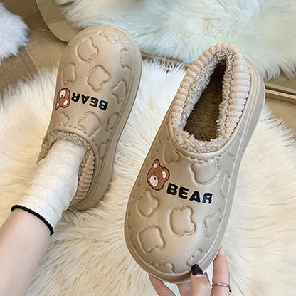 Comwarm Winter Furry Slippers For Women Waterproof Cotton Slides Platform Indoor Slides Fuzzy Warm Cozy Outdoor Women's Slippers