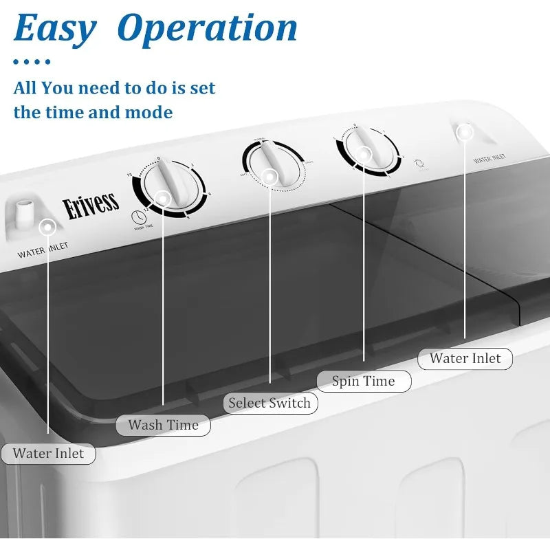 Portable 22 lbs Twin Tub Washing Machine with Drying Rack, 13 lbs Washer Mini Compact Laundry Machine and 9 lbs Spinner