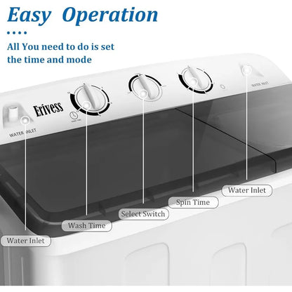 Portable 22 lbs Twin Tub Washing Machine with Drying Rack, 13 lbs Washer Mini Compact Laundry Machine and 9 lbs Spinner
