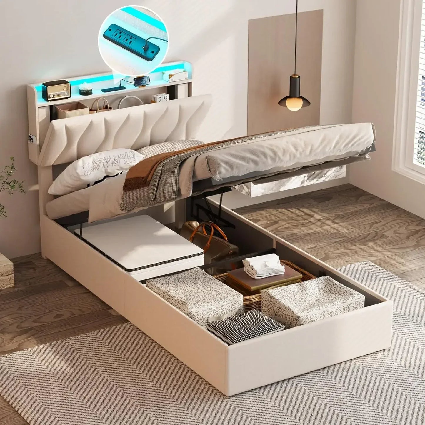Queen Lift Up Storage Bed Frame, Height Adjustable Storage Headboard with Charging Station, LED Lights Upholstered Platform Bed