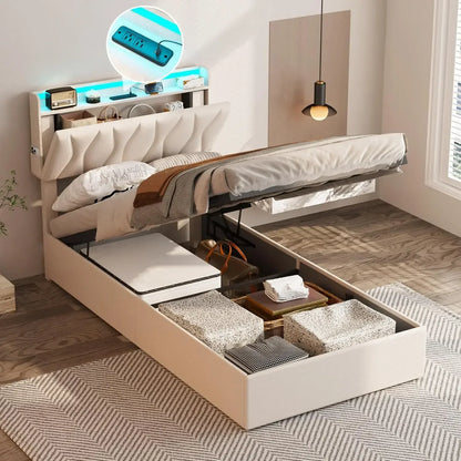 Queen Lift Up Storage Bed Frame, Height Adjustable Storage Headboard with Charging Station, LED Lights Upholstered Platform Bed