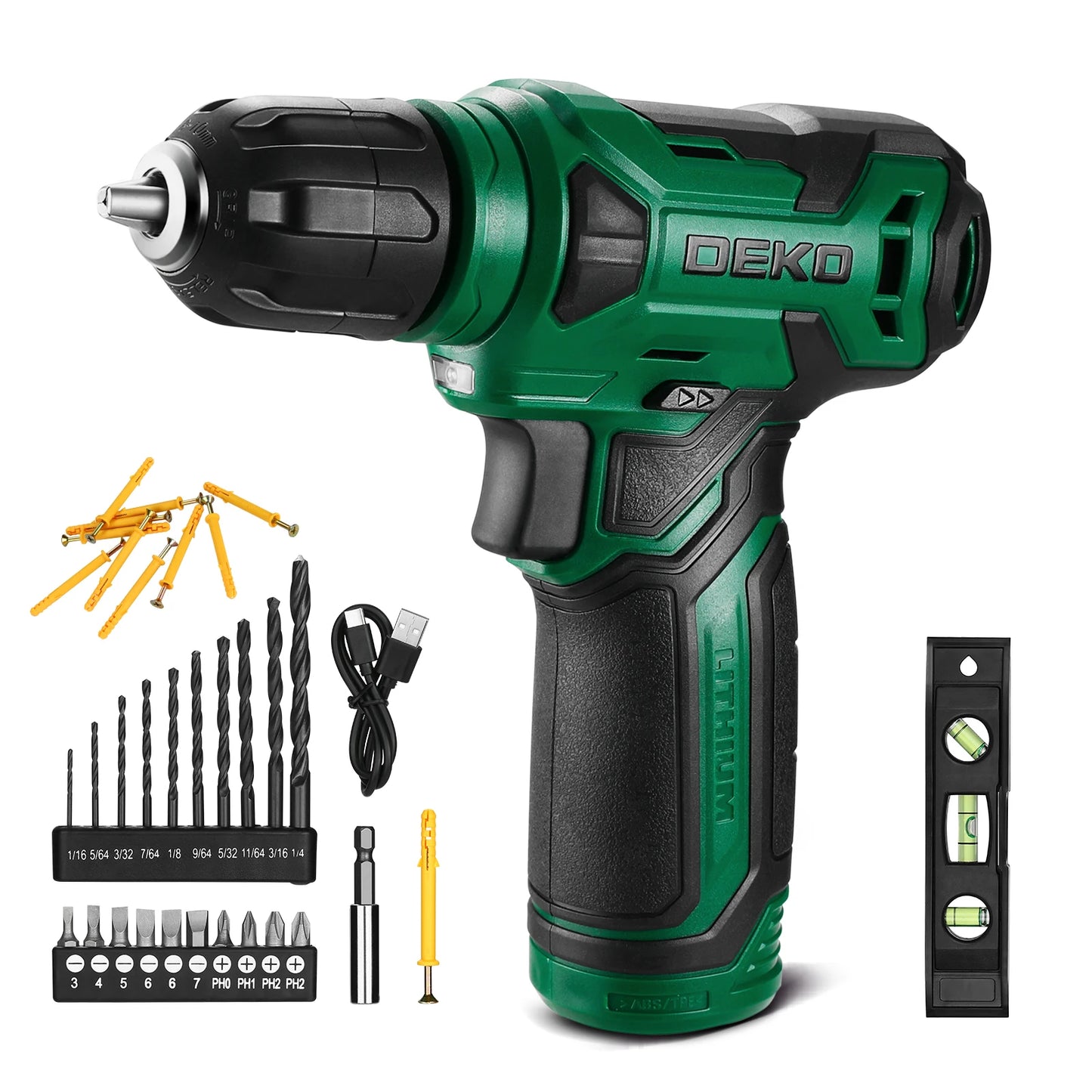 DEKO 8V Cordless Drill Set Mini Power Driver with 3/8"Keyless Chuck 42pcs Acessories Built-in LED Power Drill for Drilling