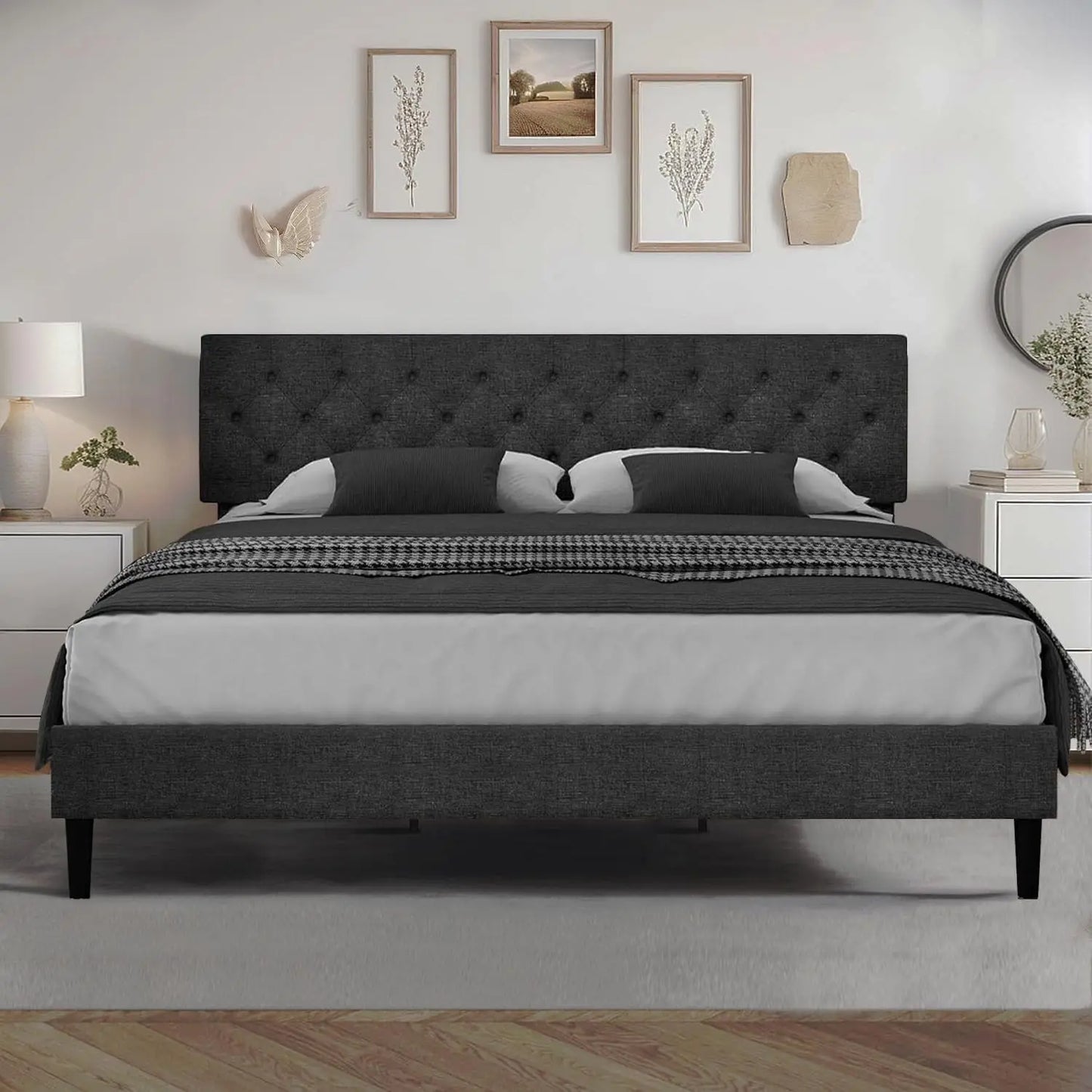 Bed Frame with Headboard, Linen Fabric Upholstered Platform Bed Frame, Button Tufted Bed Frame , Customized