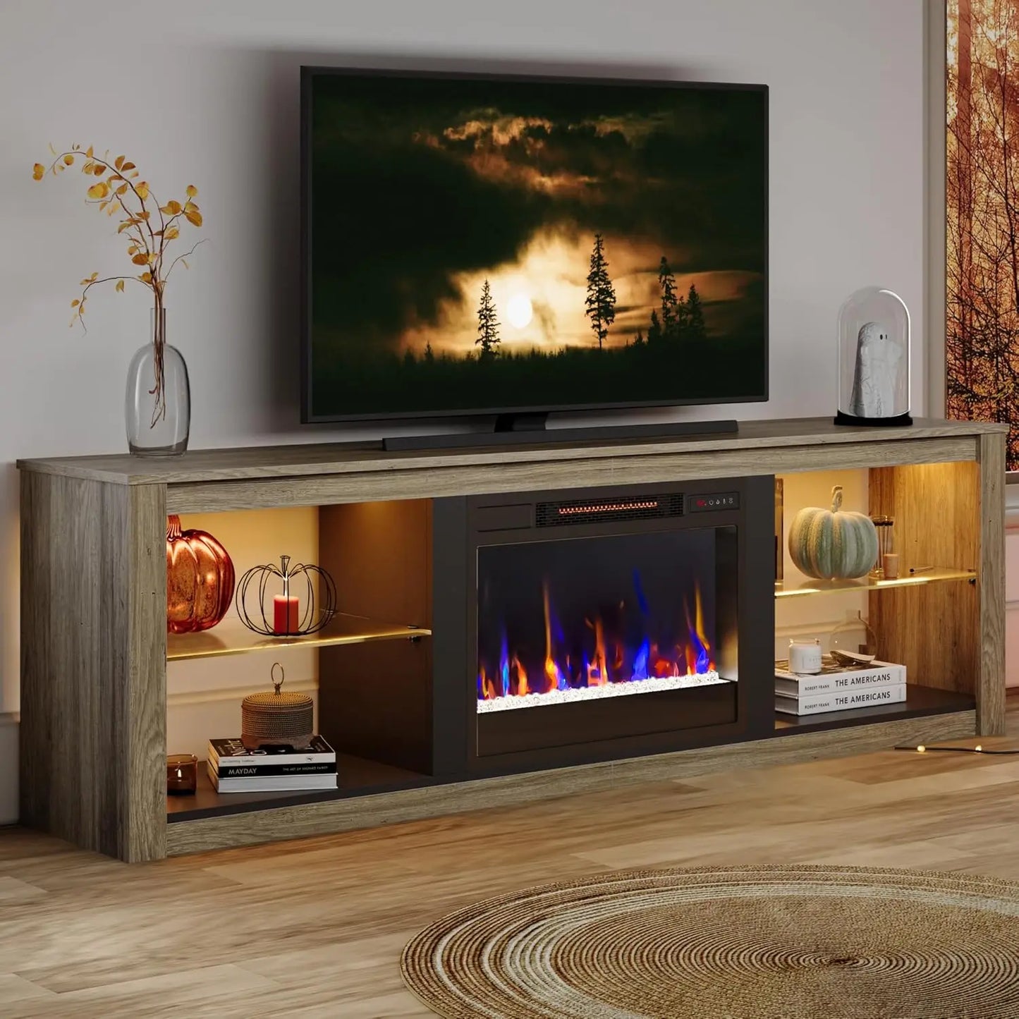 Fireplace TV Stand for 75 inch TV with 23 inch Electric Fireplace, 70 inch Entertainment Center for Living Room with LED Light