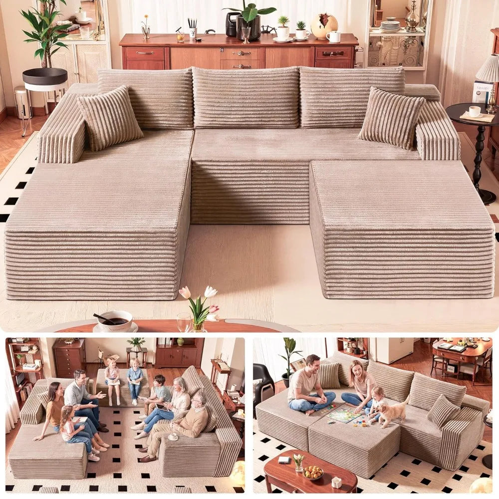 No Assembly Cloud Modular Sectional Sofa，108" U-Shape Corner Couch with Ottoman - Plush Corduroy, Deep Seating,Customized