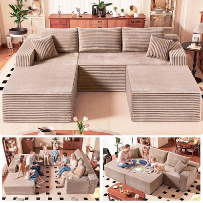 No Assembly Cloud Modular Sectional Sofa，108" U-Shape Corner Couch with Ottoman - Plush Corduroy, Deep Seating,Customized
